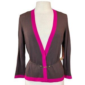 Anne Klein VTG Open Front Bracelet Sleeve Lt Wt Brown Pink Cardigan Belt Small